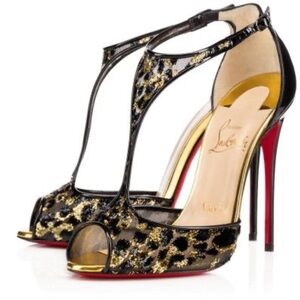Christian Louboutin Leopard T-Strap Peep Toe Heels in Black, Gold and Red